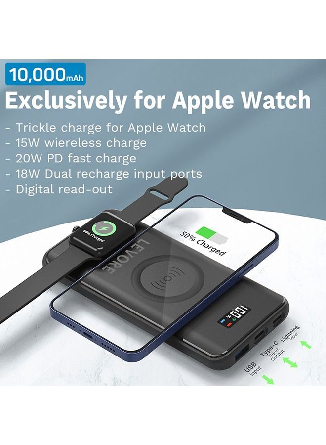 LEVORE 3 in 1 10000mAh PD Power Bank with Wireless charge for smart phones and watch, 3 Port Black - Image 2