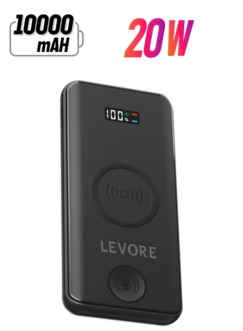 LEVORE 3 in 1 10000mAh PD Power Bank with Wireless charge for smart phones and watch, 3 Port Black - Image 1