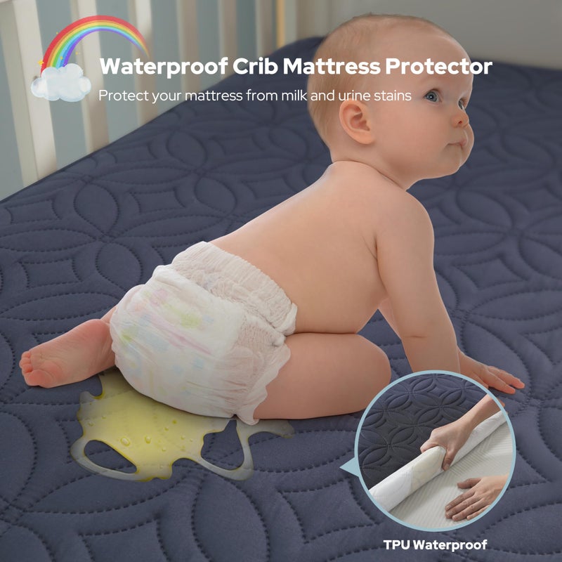 BEDLORE Waterproof Crib Mattress Protector 2 Pack, Soft and Breathable Crib Mattress Pad Cover, Noiseless Machine Washable Toddler Mattress Protector for Standard Baby Toddler Bed (52''x28'',Navy Blue) - Image 2