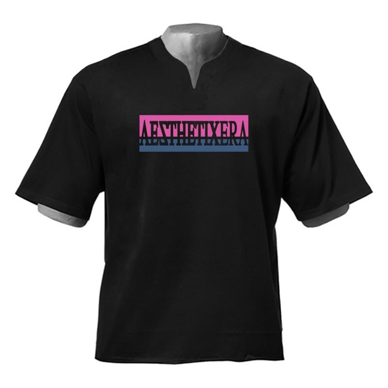 Men''s cotton sports T-shirt short sleeve fitness clothes slim fit loose V-neck T-shirt foreign trade bottoming top half sleeve summer - Image 2