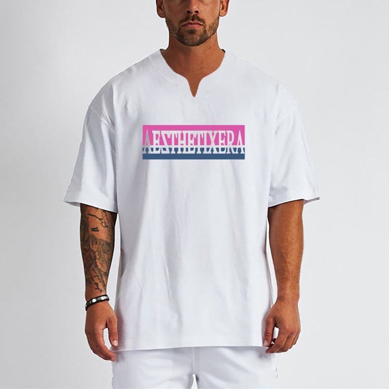 Men''s cotton sports T-shirt short sleeve fitness clothes slim fit loose V-neck T-shirt foreign trade bottoming top half sleeve summer - Image 3