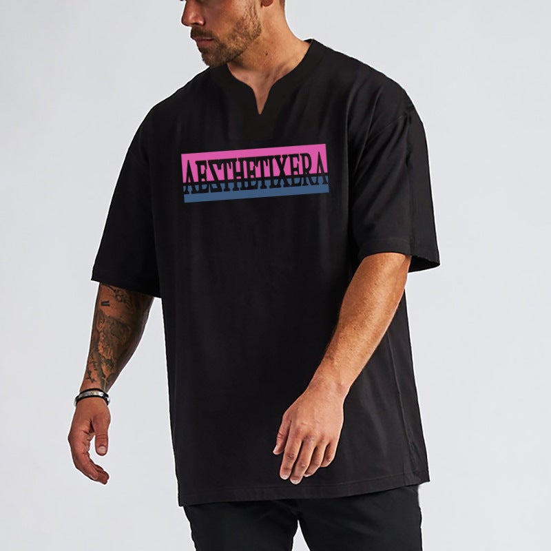 Men''s cotton sports T-shirt short sleeve fitness clothes slim fit loose V-neck T-shirt foreign trade bottoming top half sleeve summer - Image 4