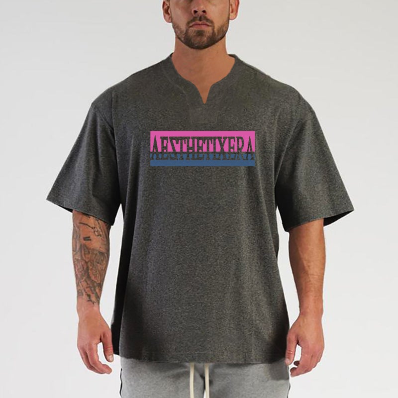 Men''s cotton sports T-shirt short sleeve fitness clothes slim fit loose V-neck T-shirt foreign trade bottoming top half sleeve summer - Image 5