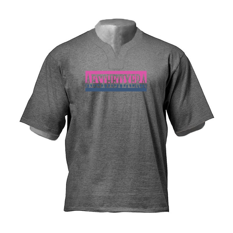 Men''s cotton sports T-shirt short sleeve fitness clothes slim fit loose V-neck T-shirt foreign trade bottoming top half sleeve summer - Image 1