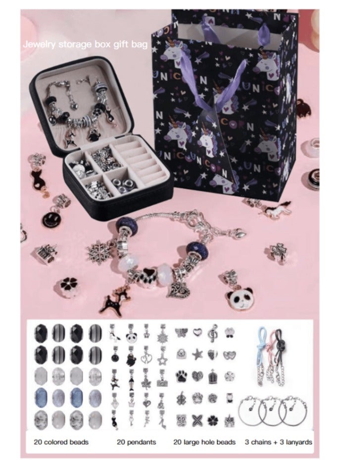 general Black 66-piece set + jewelry box + gift bag (20 beads, 20 ten pendants, 3 three bracelets + 3 necklaces, 20 beads with large holes), children's puzzle beaded bracelet DIY set