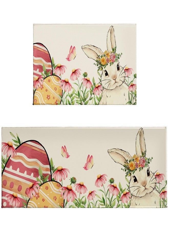 Aytipun Easter Kitchen Mats for Floor Set of 2 Spring Pink Floral Cute Bunny Eggs Holiday Kitchen Rugs Non Slip Washable Absorbent Kitchen Runner Rugs Decor,17x30 and 17x47 Inch - Image 1