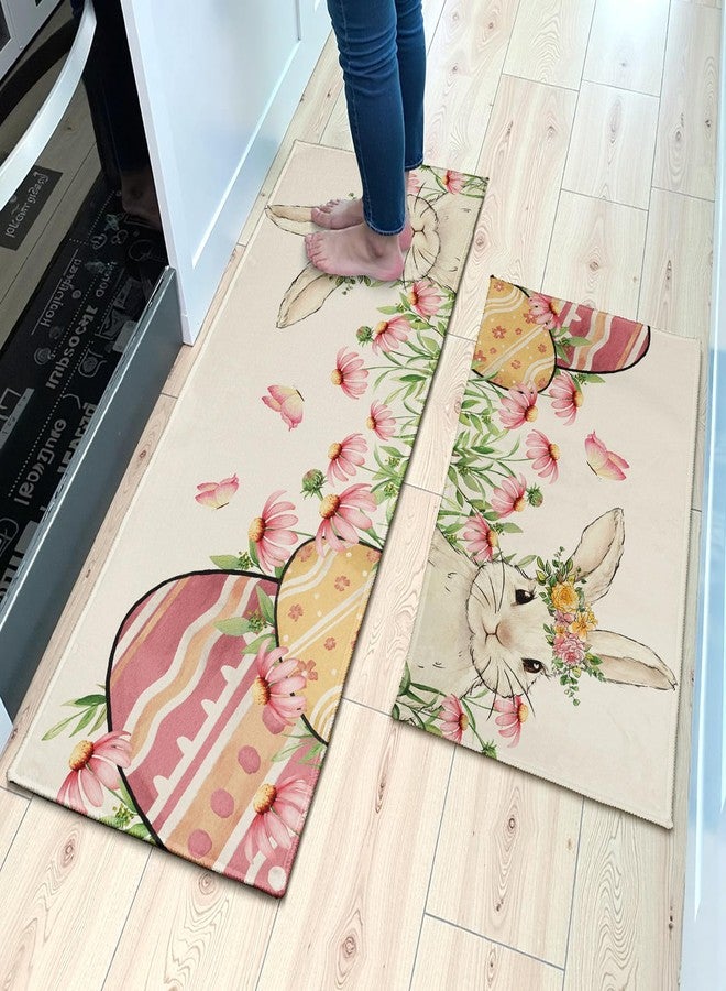 Aytipun Easter Kitchen Mats for Floor Set of 2 Spring Pink Floral Cute Bunny Eggs Holiday Kitchen Rugs Non Slip Washable Absorbent Kitchen Runner Rugs Decor,17x30 and 17x47 Inch - Image 2