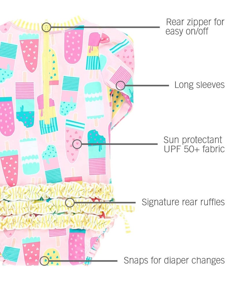 RuffleButts Baby Girls UPF 50+ Sun Protection Novelty Print Long Sleeve One Piece Rash Guard Swimsuit with Zipper - Ice Cream Social, 2T - Image 5