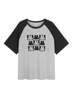 Loose Large Round Neck Rabbit Printed T-shirt Women's Summer Chubby Girl Plus Size Contrast Color Raglan Sleeve Slimming Top 6268