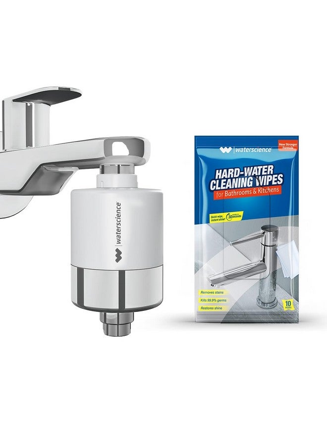 waterscience Stainless Steel Chrome Shower & Tap Filter For Hard Water + Hard Water Cleaning Wipes For Bathroom & Kitchen, White - Image 1