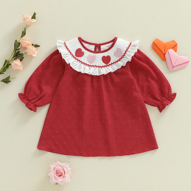 Rourufy Toddler Girl Valentines Outfit Ruffle Heart Smocked Dress Baby Girls Princess Dresses Kids Spring Fall Clothes (J Ruffle Heart Red, 4-5 Years) - Image 5