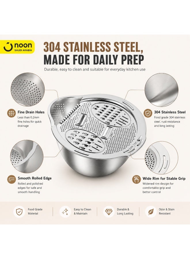 San Yi Rice Washer Strainer Bowl, 304 Stainless Steel Grater Bowl With Vegetable Slicer And Drain Basket, Silver - Image 5
