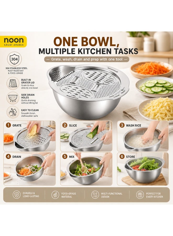 San Yi Rice Washer Strainer Bowl, 304 Stainless Steel Grater Bowl With Vegetable Slicer And Drain Basket, Silver - Image 3