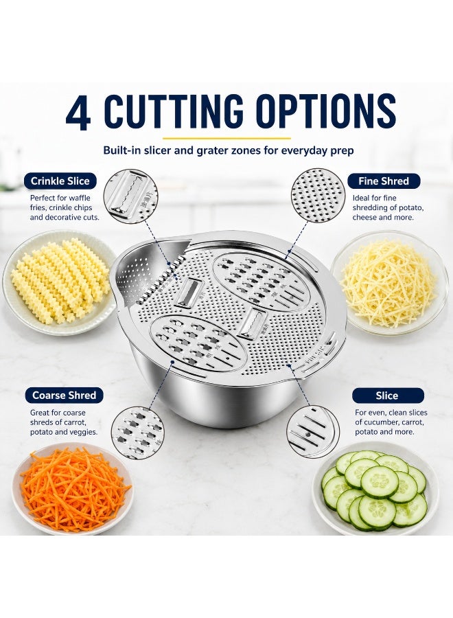 San Yi Rice Washer Strainer Bowl, 304 Stainless Steel Grater Bowl With Vegetable Slicer And Drain Basket, Silver - Image 4