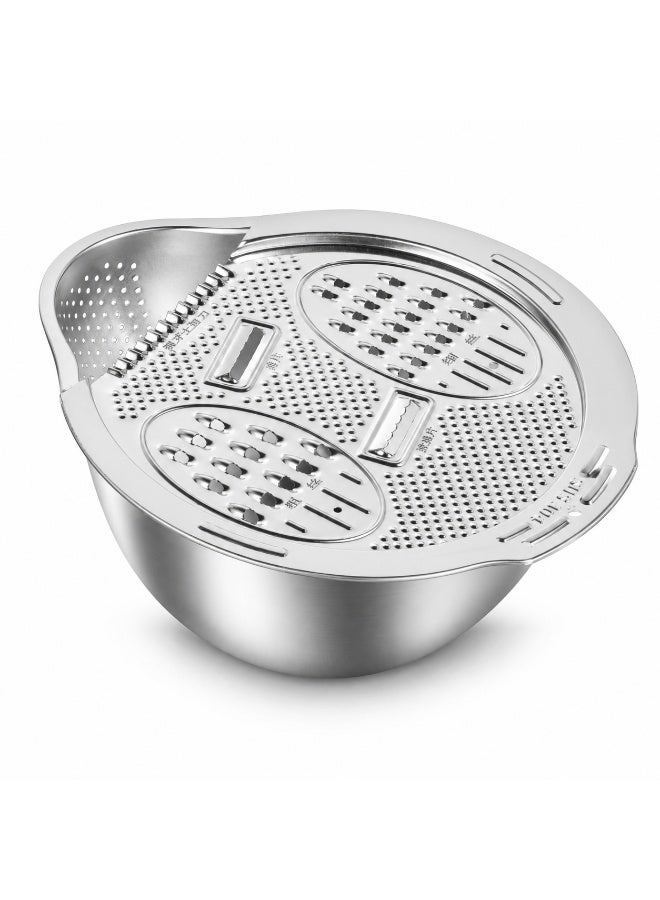 San Yi Rice Washer Strainer Bowl, 304 Stainless Steel Grater Bowl With Vegetable Slicer And Drain Basket, Silver - Image 2