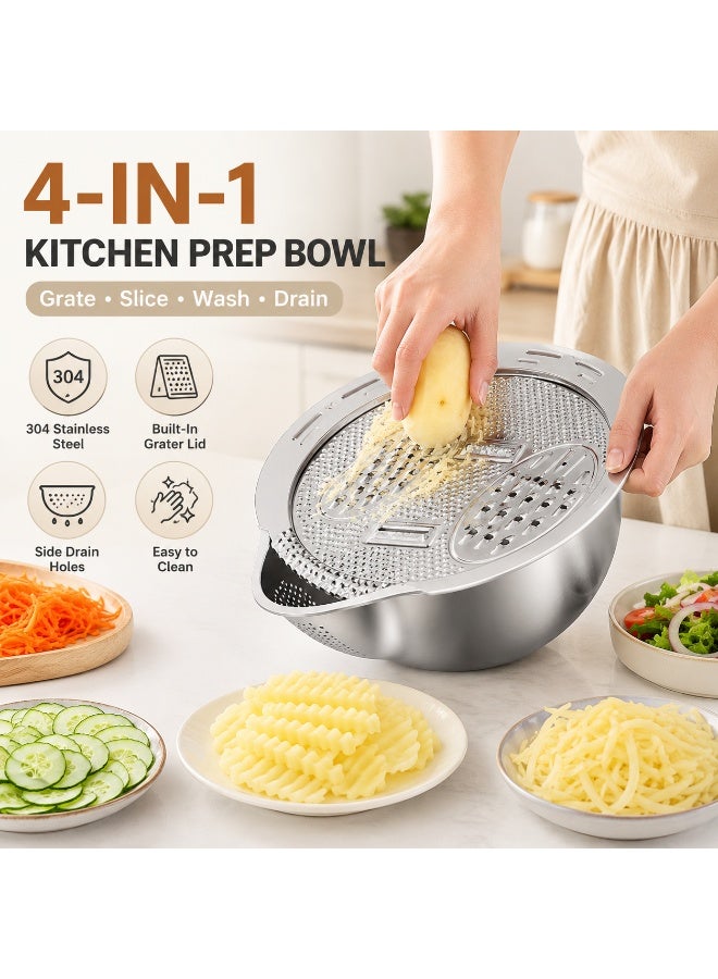 San Yi Rice Washer Strainer Bowl, 304 Stainless Steel Grater Bowl With Vegetable Slicer And Drain Basket, Silver - Image 1
