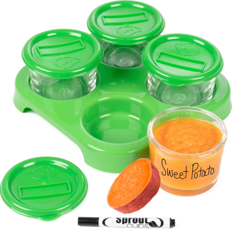 Sprout Cups Glass Baby Food Storage Containers (4 Pk) - 2oz Jars in Stackable Storage Tray w Tight Interlocking Base- Dry-Erase Marker Labeling- Microwave Freezer Dishwasher Safe- Babyfood Breast Milk, Gift - Image 1
