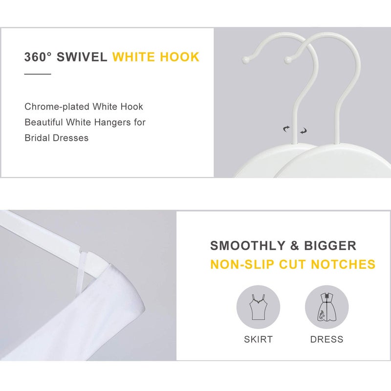 TOPIA HANGER Bride Hanger for Wedding Dress, Premium White Wooden Hangers, 360Â° Swivel White Hook, Smooth Finish, Extra Smoothly Cut Notches, 10 Pack-CT06W - Image 3