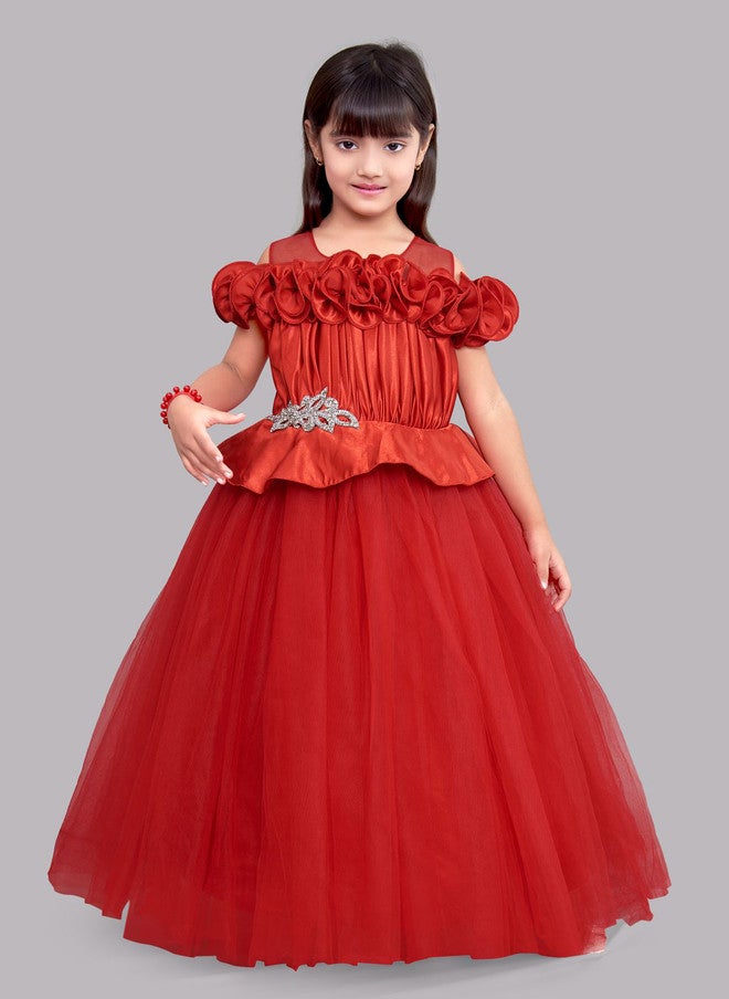 PinkChick Red Satin Maxi Dress for Girls - Image 1