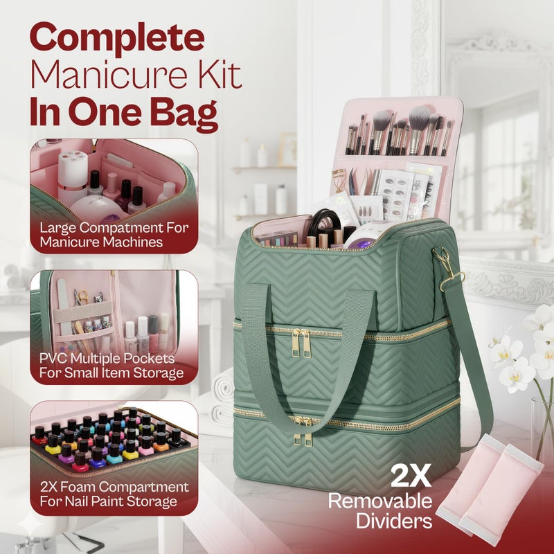 Castal Nail Polish Organizer Bagâ€“3-Layer Nail Organizers and Storage Bag with Detachable Bottom Sectionâ€“Holds 84 Bottlesâ€“Embroidered Nail Polish Case Organizer with Luggage Strap & Card Slotâ€“Teal - Image 5