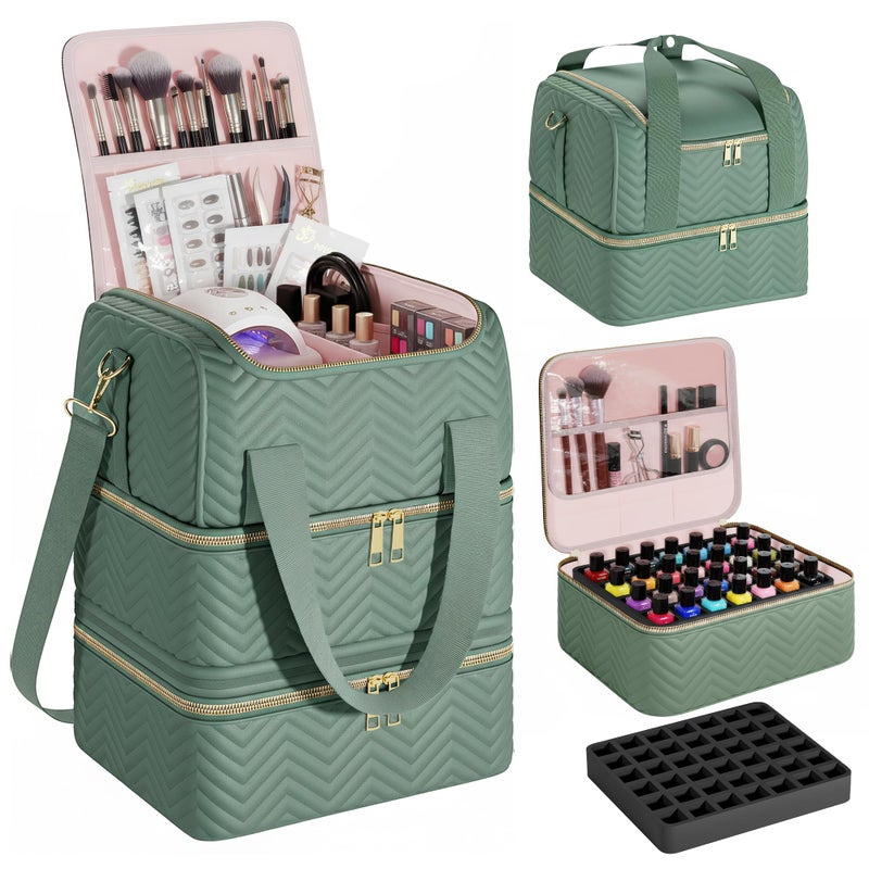 Castal Nail Polish Organizer Bagâ€“3-Layer Nail Organizers and Storage Bag with Detachable Bottom Sectionâ€“Holds 84 Bottlesâ€“Embroidered Nail Polish Case Organizer with Luggage Strap & Card Slotâ€“Teal - Image 1