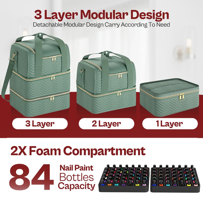 Castal Nail Polish Organizer Bagâ€“3-Layer Nail Organizers and Storage Bag with Detachable Bottom Sectionâ€“Holds 84 Bottlesâ€“Embroidered Nail Polish Case Organizer with Luggage Strap & Card Slotâ€“Teal - Image 3
