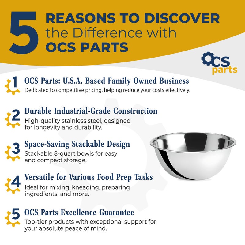 OCSParts OCS Parts 8 Quart Mixing Bowls | Set of 2 | 13.25-Inch Stainless Steel Professional Grade Flat Base Mixing Bowls for Home and Commercial Kitchens - Image 2