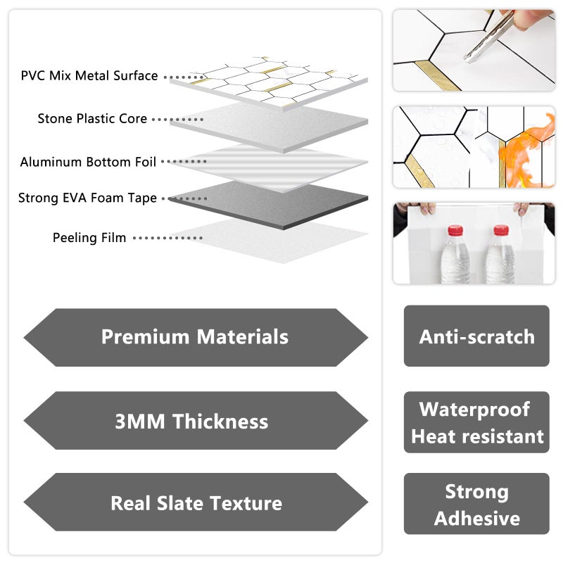 Vamos Tile Long Hexagon Peel and Stick Backsplash Tile - 10 Sheets Stick on Backsplash for Kitchen and Bathroom 12.4 x 12 Inch White Marble Look PVC Mixed Metal Gold Self Adhesive Mosaic Wall Tiles - Image 3