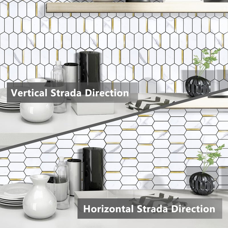 Vamos Tile Long Hexagon Peel and Stick Backsplash Tile - 10 Sheets Stick on Backsplash for Kitchen and Bathroom 12.4 x 12 Inch White Marble Look PVC Mixed Metal Gold Self Adhesive Mosaic Wall Tiles - Image 4