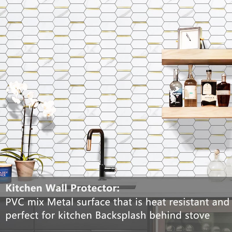 Vamos Tile Long Hexagon Peel and Stick Backsplash Tile - 10 Sheets Stick on Backsplash for Kitchen and Bathroom 12.4 x 12 Inch White Marble Look PVC Mixed Metal Gold Self Adhesive Mosaic Wall Tiles - Image 2