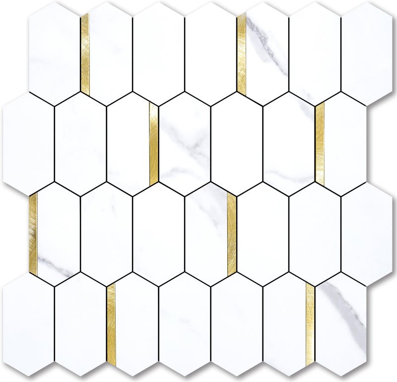 Vamos Tile Long Hexagon Peel and Stick Backsplash Tile - 10 Sheets Stick on Backsplash for Kitchen and Bathroom 12.4 x 12 Inch White Marble Look PVC Mixed Metal Gold Self Adhesive Mosaic Wall Tiles - Image 1