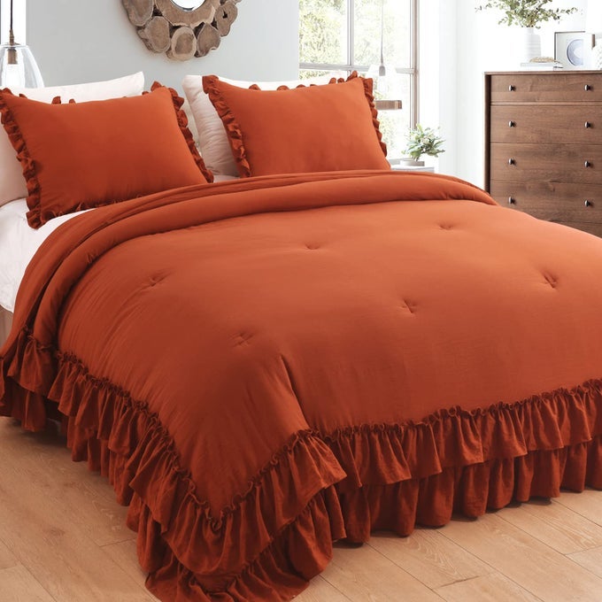 TERRACOTTA RUFFLED COMFORTER KING SIZESHABBY BURNT ORANGE CHIC FARMHOUSE BEDDING LIGHTWEIGHT FLUFFY RUFFLE BED COMFORTER AESTHETIC RUSTIC BED SET 3 PIECES