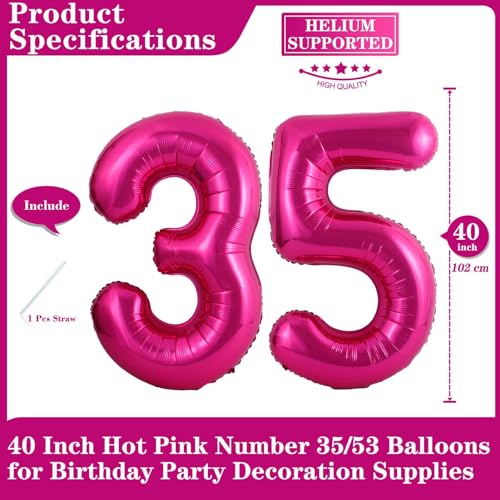 Lovoir Hot Pink 35 Number Balloons 40 Inch Giant Number 35 Balloons Foil Mylar Helium Hot Pink Number Balloons for 35th Birthday Party Supplies Anniversary Event Celebration Decorations - Image 5