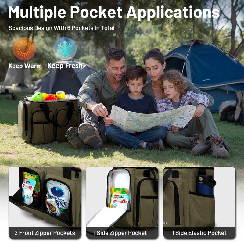 MIER Lunch Box for Men Heavy Duty Insulated Lunch Bag 20 Cans Large Leakproof Soft Cooler Bags with Multiple Pockets for Picnic Work Travel (Army Green) - Image 2