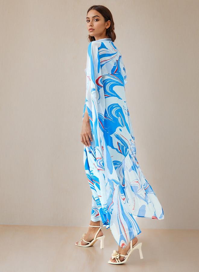 ايكونيك فستان بدون أكمام بياقة على شكل حرف  وطبعة تجريدية مع وشاح - Image 3