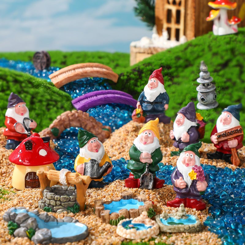 Unittype 19 Pcs Gnome Garden Accessories Tiny Fairy Gnome Figurines Miniature Bridge Mushroom Lighthouse Water Well Pond Resin Garden Decorations Miniature Figurines for Craft - Image 3