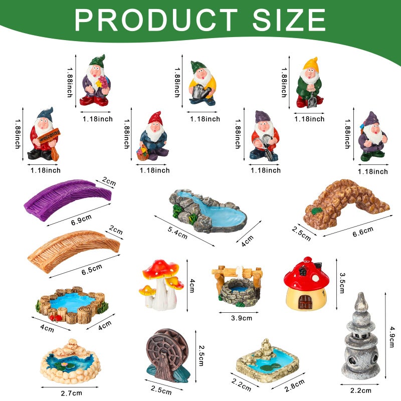 Unittype 19 Pcs Gnome Garden Accessories Tiny Fairy Gnome Figurines Miniature Bridge Mushroom Lighthouse Water Well Pond Resin Garden Decorations Miniature Figurines for Craft - Image 2