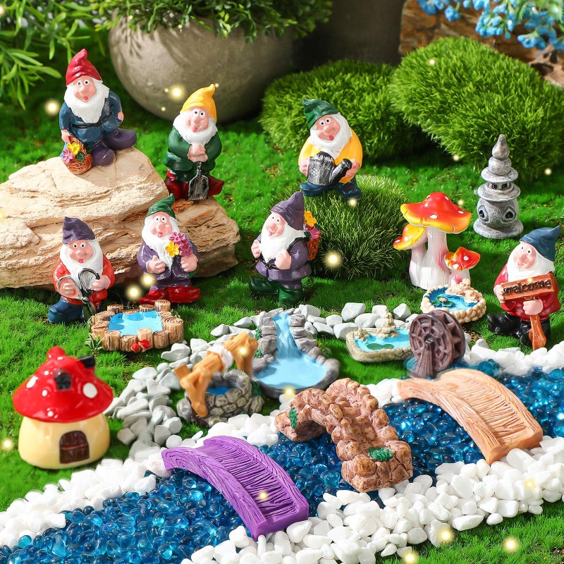 Unittype 19 Pcs Gnome Garden Accessories Tiny Fairy Gnome Figurines Miniature Bridge Mushroom Lighthouse Water Well Pond Resin Garden Decorations Miniature Figurines for Craft - Image 1