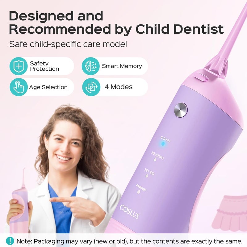 COSLUS Kids Water Dental Flosser Deep Cleaning Picks Portable 4 Modes for Ages 6+ Safe Waterproof Rechargeable with 4 Jet Tips for Gums Care Pink Purple - Image 3