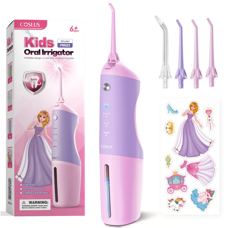 COSLUS Kids Water Dental Flosser Deep Cleaning Picks Portable 4 Modes for Ages 6+ Safe Waterproof Rechargeable with 4 Jet Tips for Gums Care Pink Purple - Image 1