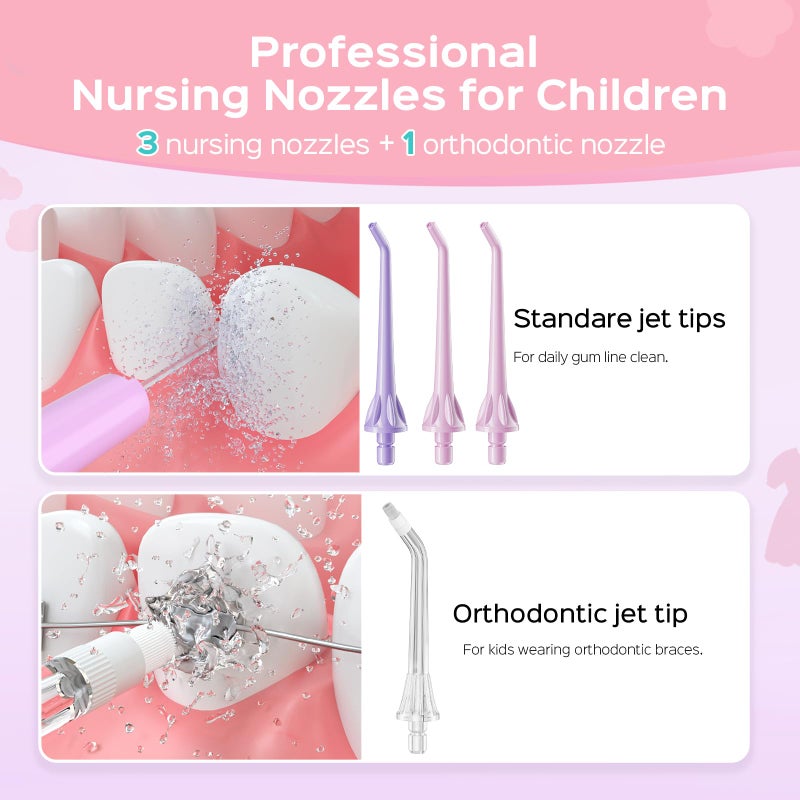 COSLUS Kids Water Dental Flosser Deep Cleaning Picks Portable 4 Modes for Ages 6+ Safe Waterproof Rechargeable with 4 Jet Tips for Gums Care Pink Purple - Image 5