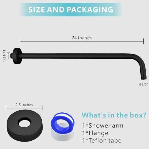 Nuodan Shower Arm with Flange, 24 Inches Wall Mount Replacement Extension Showerhead Arm For Fixed Shower Head, Matte Black - Image 2