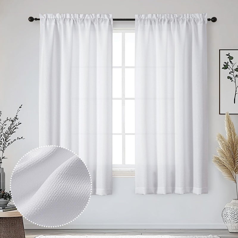 OWENIE Bob White Curtains 63 Inch Length 2 Panels Set for Living Room Bedroom, Light Filtering Faux Linen Textured Soft Window Curtain, Solid Soft Rod Pocket Drapes, 40Wx63L Inches, 2 Pcs, White - Image 1