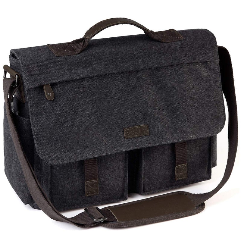 VASCHY 17inch Laptop Messenger Bag, Men's Vintage Water Resistant Canvas Satchel Briefcase Shoulder Bag for Work with Padded Shoulder Strap Gray - Image 1