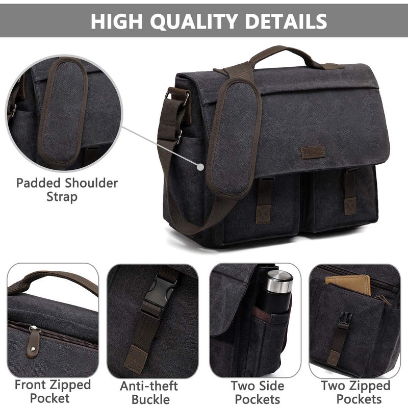 VASCHY 17inch Laptop Messenger Bag, Men's Vintage Water Resistant Canvas Satchel Briefcase Shoulder Bag for Work with Padded Shoulder Strap Gray - Image 5
