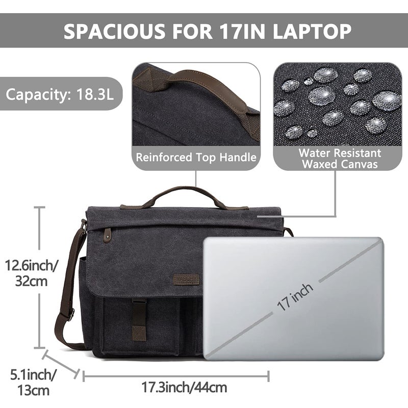 VASCHY 17inch Laptop Messenger Bag, Men's Vintage Water Resistant Canvas Satchel Briefcase Shoulder Bag for Work with Padded Shoulder Strap Gray - Image 3