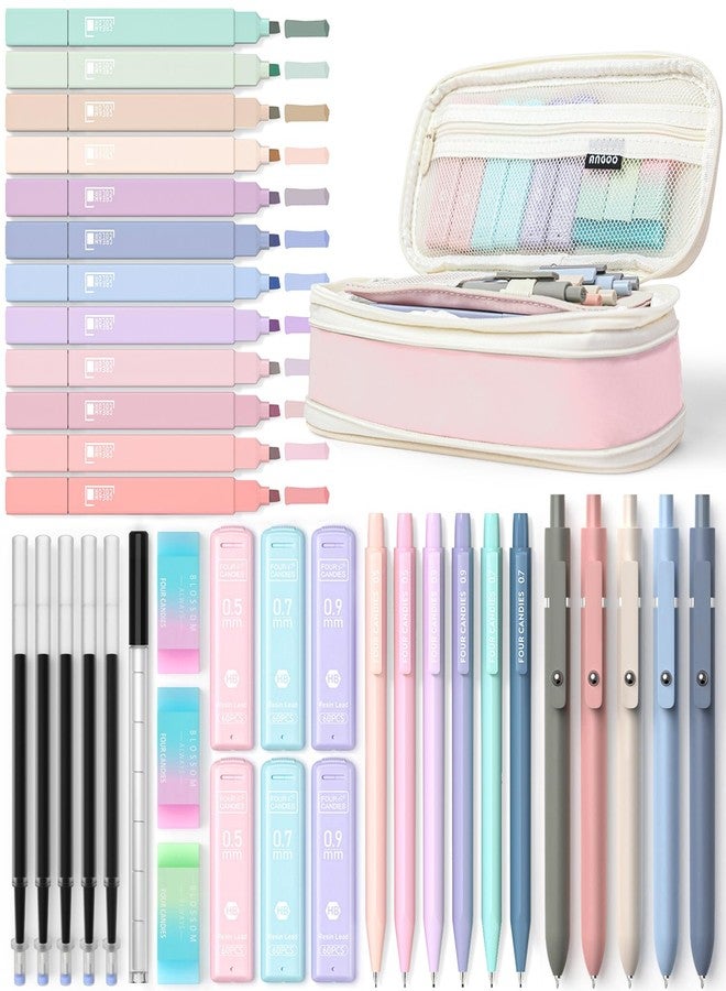 Four Candies 39 PCS Aesthetic School Supplies with Cute Pen Case, 12 Pastel Highlighters, 5 Black Ink Gel Pens, 6 Mechanical Pencils Set for Students Stationary College Essentials (Pink) - Image 1