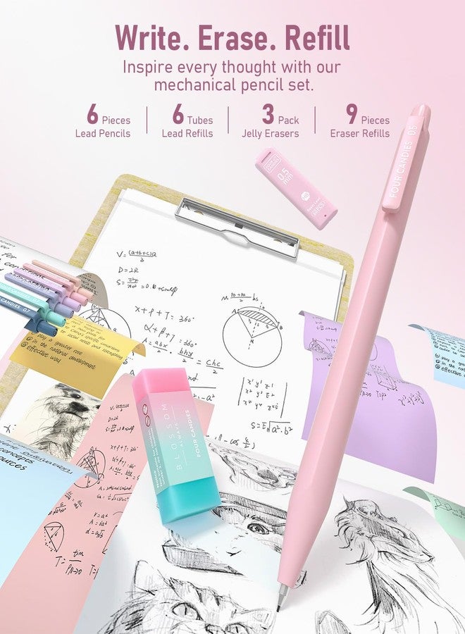 Four Candies 39 PCS Aesthetic School Supplies with Cute Pen Case, 12 Pastel Highlighters, 5 Black Ink Gel Pens, 6 Mechanical Pencils Set for Students Stationary College Essentials (Pink) - Image 5