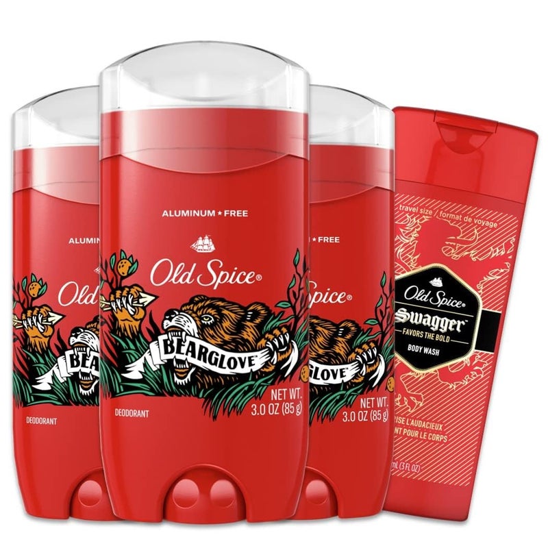 Old Spice مزيل عرق أولد سبايس خالي من الألمنيوم للرجال، حماية من الروائح على مدار 24/7، انتعاش دائم ورائحة تدوم، رائحة بيرغلوف، 3.0 أونصة مع غسول الجسم سواجر بحجم السفر (عبوة من 4)  - Image 2