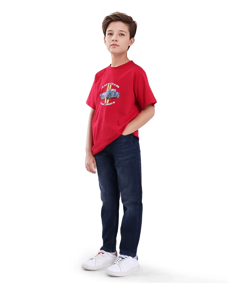 رير ونز Rare Ones Kids Tobby Dark Blue Cotton Solid Button And Zip Closure Slouchy Fit Jeans